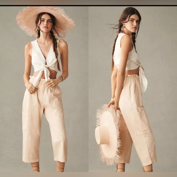 Anthropologie Paperbag Crop Pants 23”inseam Cotton Beachy Cool Casual Pull On,S - Picture 1 of 9